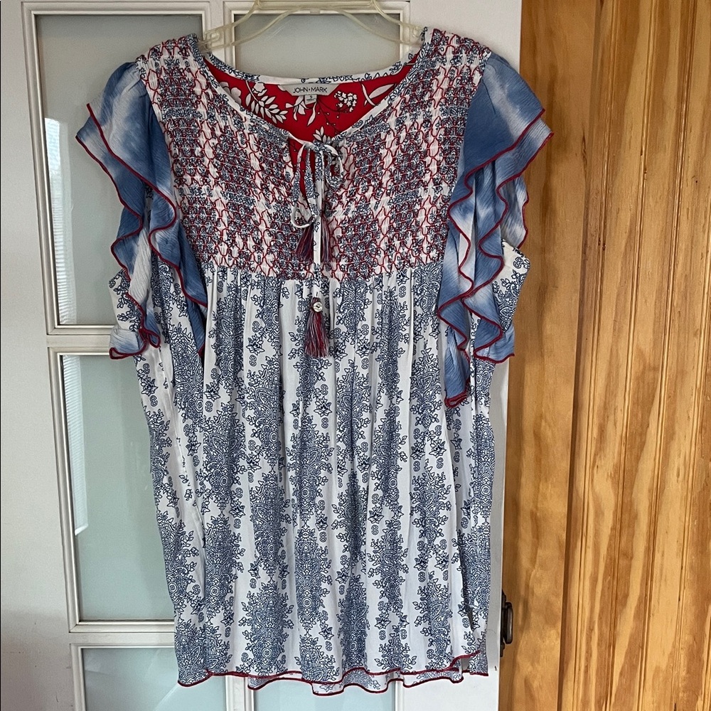 John Mark Blue and Red Patterned Blouse